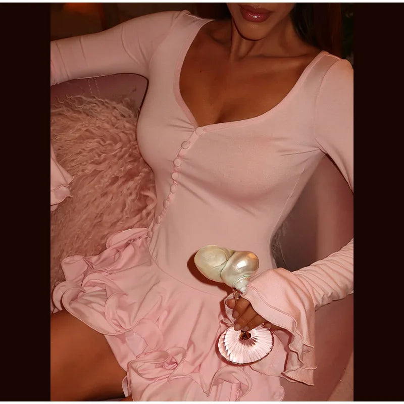 Sexy Pink Ruffled Hem Bodycon Mini Dress