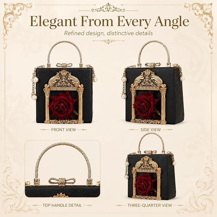 Elegant Gothic Romance Black & Gold Red Rose Handbag Clutch Purse