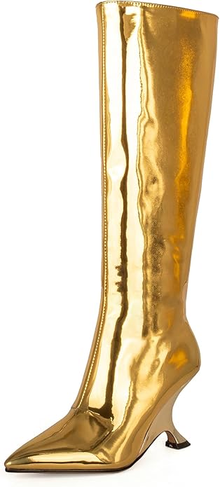 Sexy Metallic Golden Mirror Scoop Wedge Knee Boots