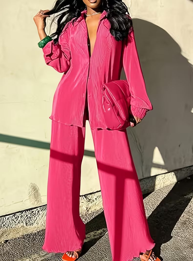 Chic Hot Pink Pleated Tunic Button Closure & Pants Set