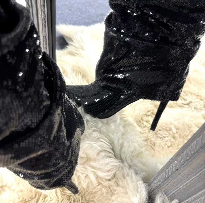 Sexy Black Sparkly Slouchy Knee Boots