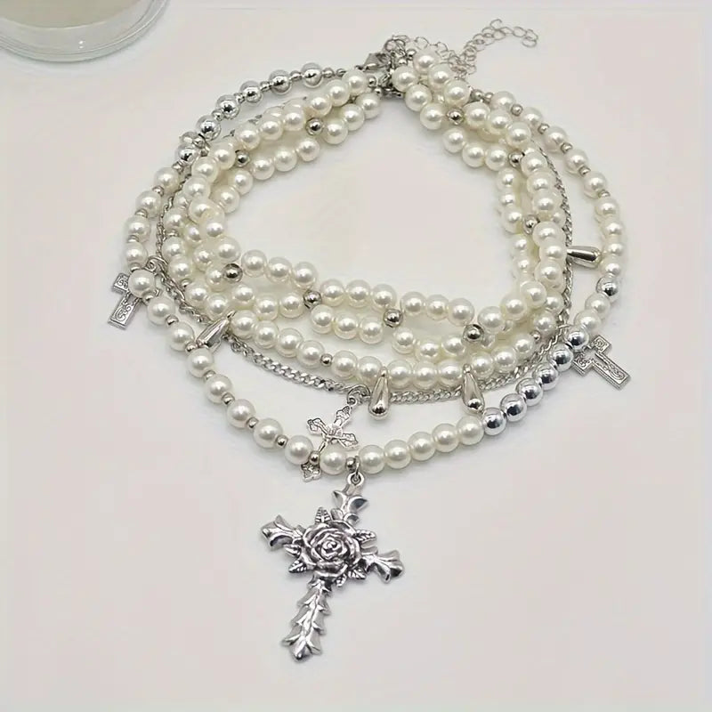 Romantic Medieval Multi-Strand Faux Pearl Rhinestone Cross Necklace