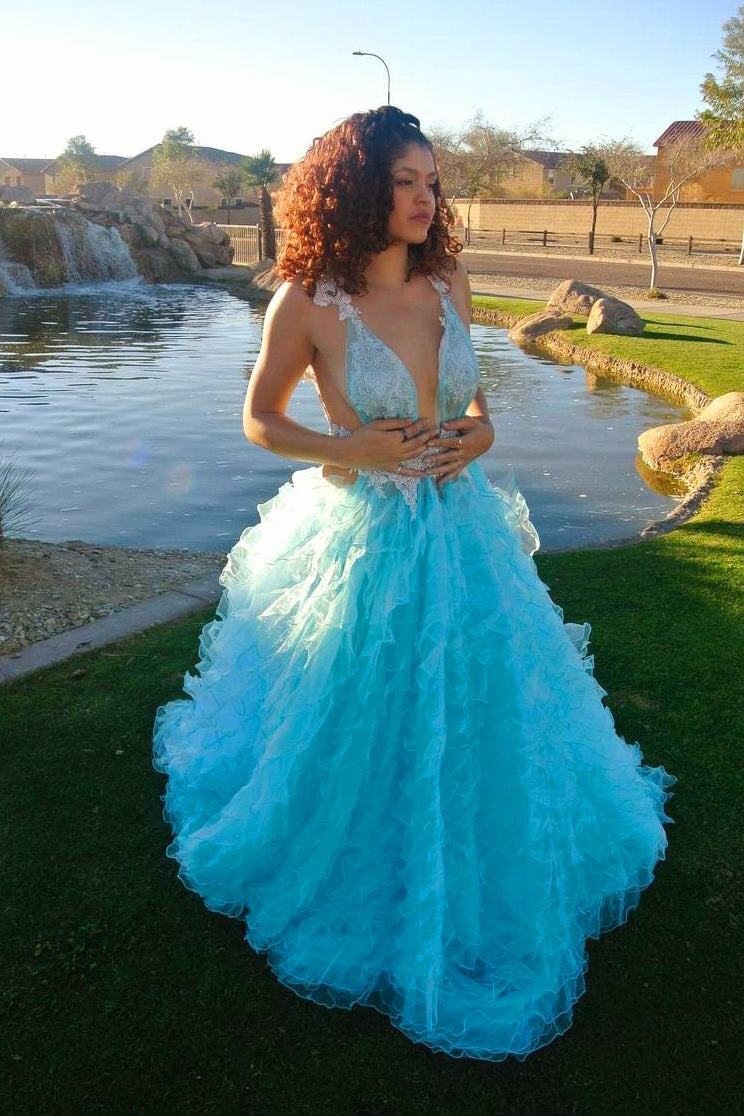 SAMPLE GOWN SET ONLY "ATLANTIS" Turquoise & Silver Lace, Crystal & Tulle Wedding Ballgown Set