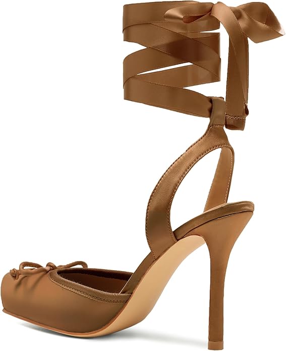 Elegant Romantic Chestnut Brown Satin Ribbon Ankle Tie Ballerina Heels