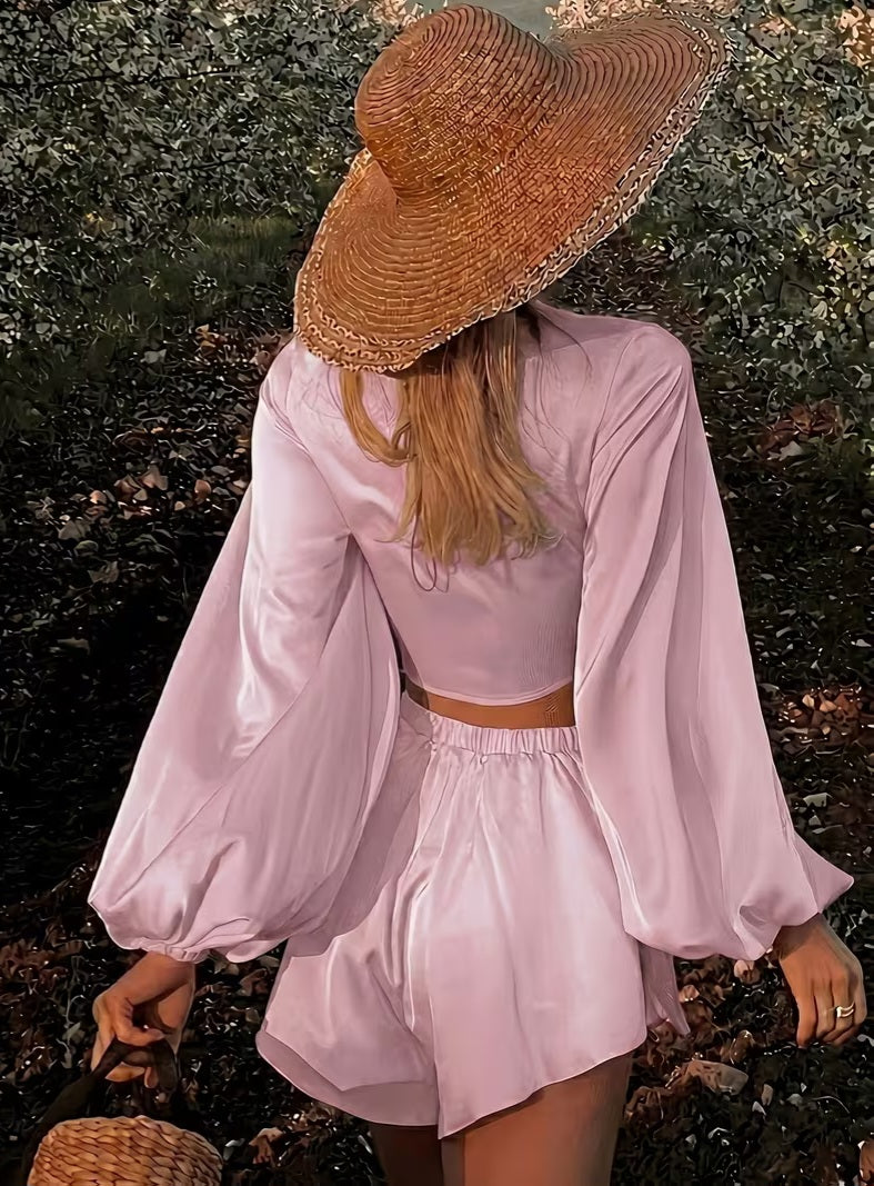 Flirty Baby Pink Tie Front Crop Top & Floaty Shorts Set