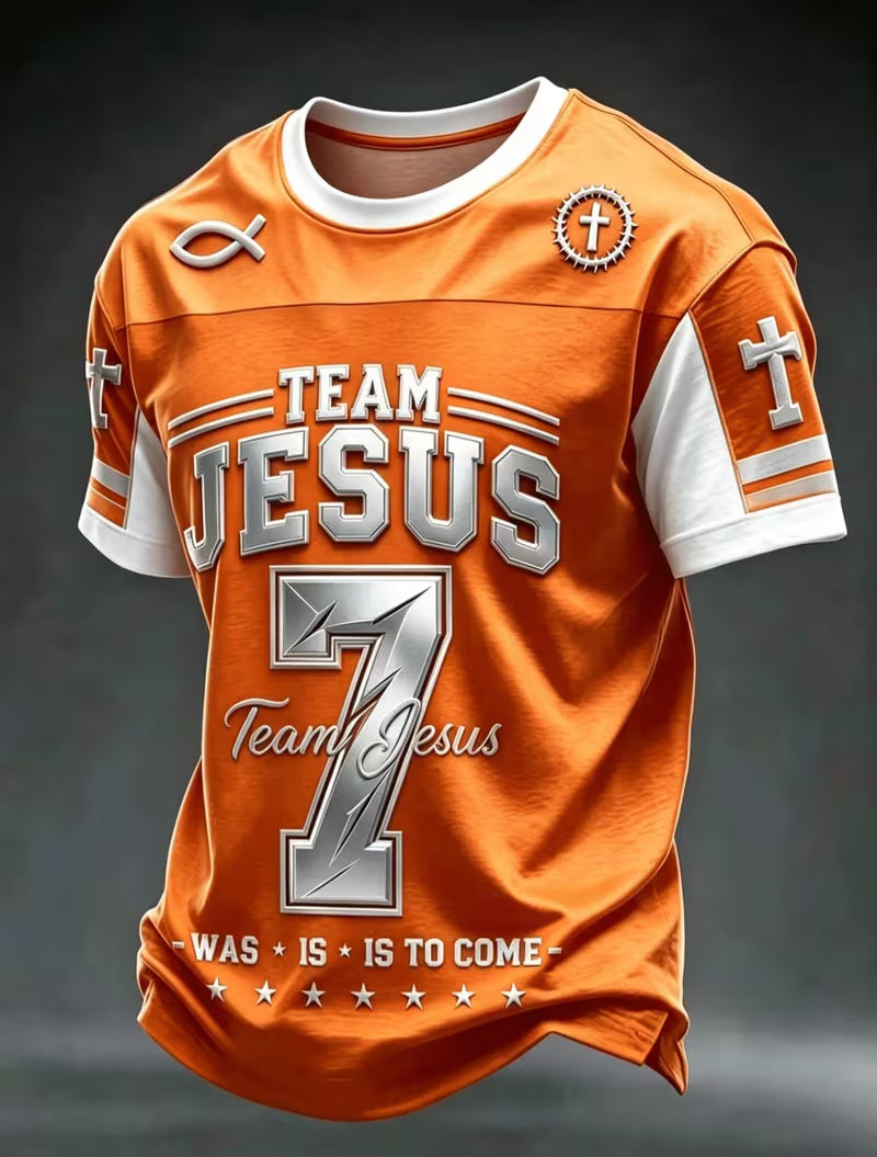Inspirational "TEAM JESUS" Navy Blue & White Christian Printed Graphic Scripture Short Sleeve Football Jersey