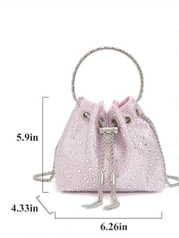 Elegant Pink & Silver Rhinestone Crystal Diamante Bucket Handbag Clutch Purse