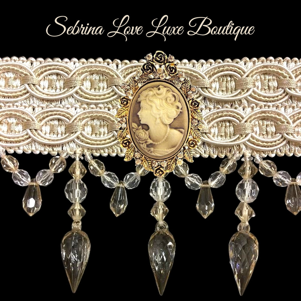 Romance Victorian Style Ivory Beaded Gold Color Cameo Choker Necklace