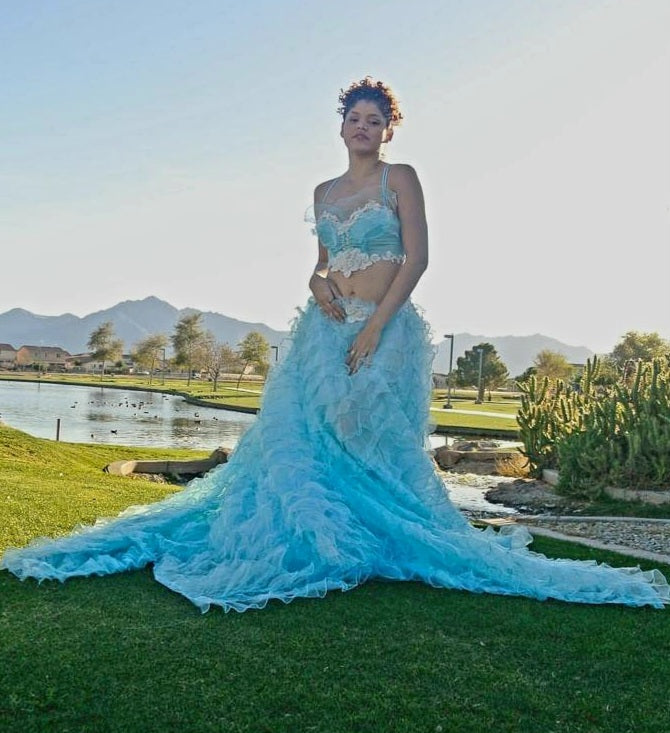 SAMPLE GOWN SET ONLY "MARINA" Turquoise & Silver Lace, Crystal & Tulle Wedding Ballgown Set