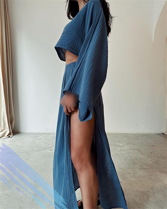 Boho Blue 2 Piece Crop Top & Maxi Skirt Set