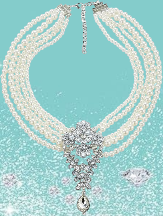 Elegant Multi-strand Faux Pearl Crystal Diamante Brooched Necklace