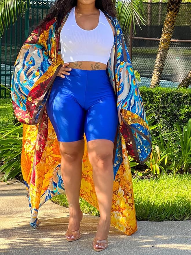 Exotic Orange,Gold & Blue Multicolor Kimono Robe Duster Maxi Coat