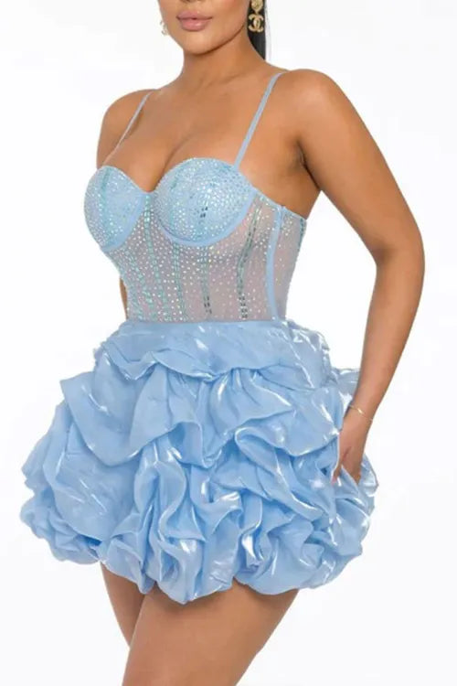 Sexy Light Blue Corset Ruffle Mini Dress