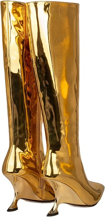 Sexy Metallic Golden Mirror Scoop Wedge Knee Boots