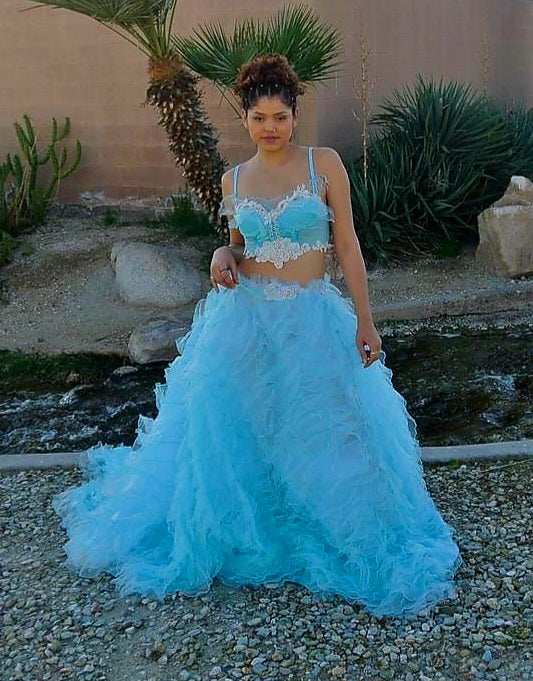SAMPLE GOWN SET ONLY "MARINA" Turquoise & Silver Lace, Crystal & Tulle Wedding Ballgown Set