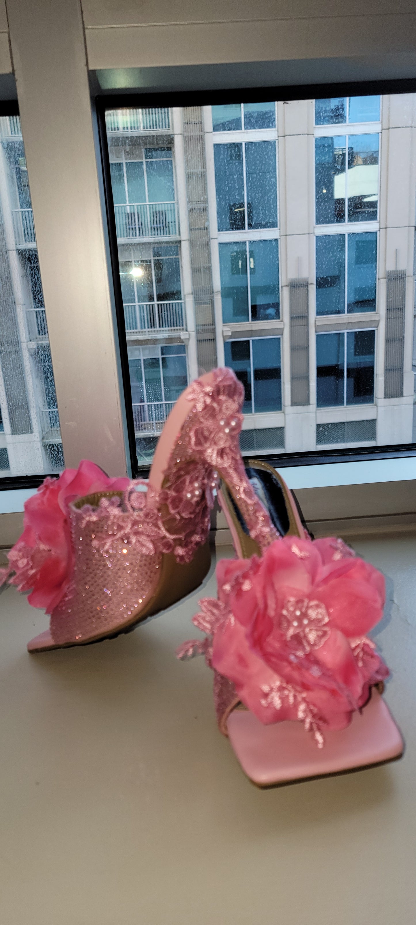 "VANJA" Pink Ice crystal & Rose Lace Mules
