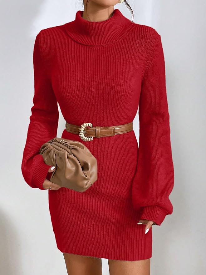Beautiful Red Bodycon High Neck Sweater Dress