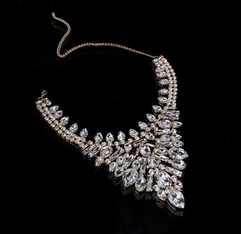 Luxe Vintage Inspired Crystal Diamante Rhinestone Bejeweled Statement Gold Color Choker Necklace & Earrings Set