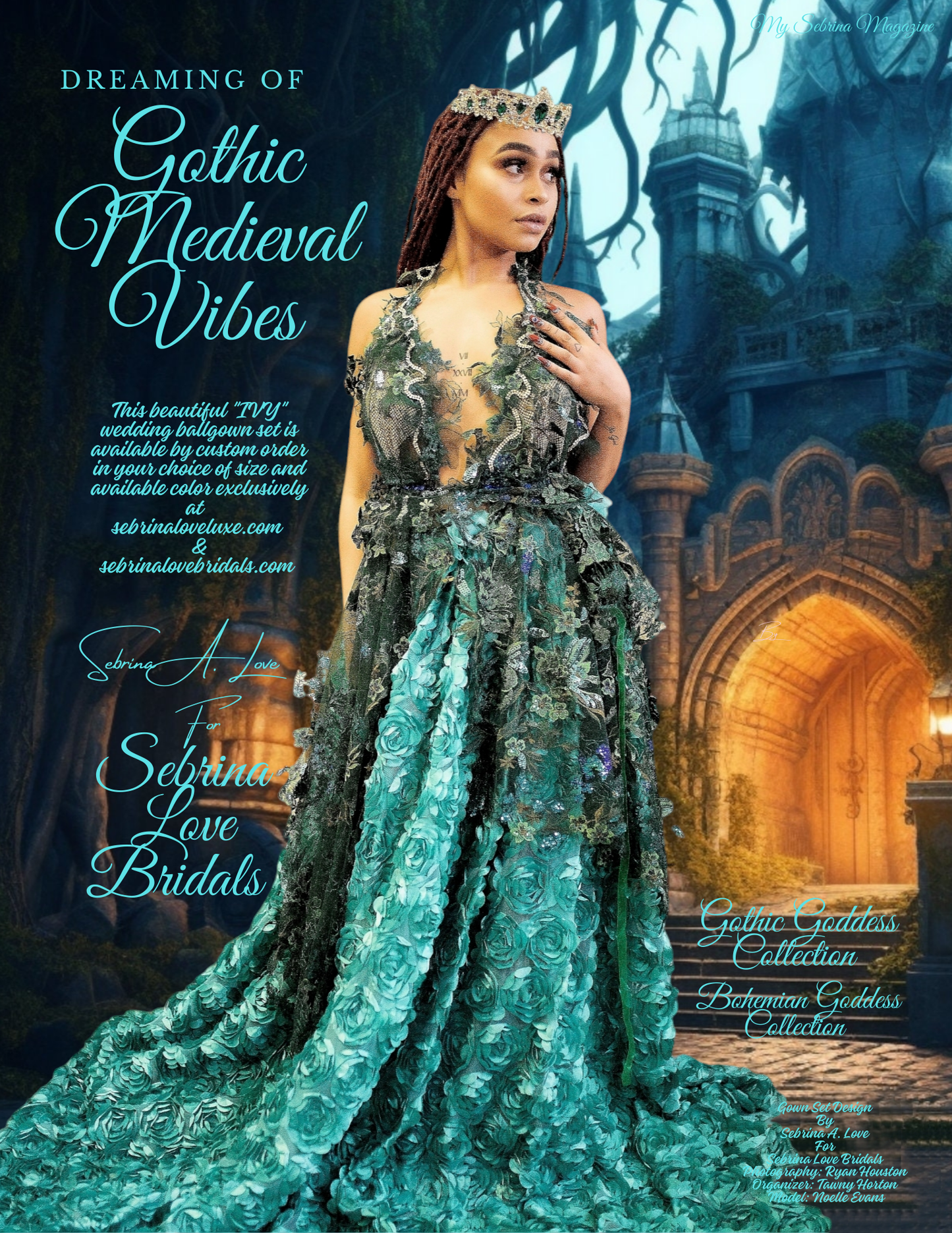 SAMPLE GOWN "IVY" Ocean Green 3D Rosette & Crystal Embroidered Lace Wedding Ballgown Set