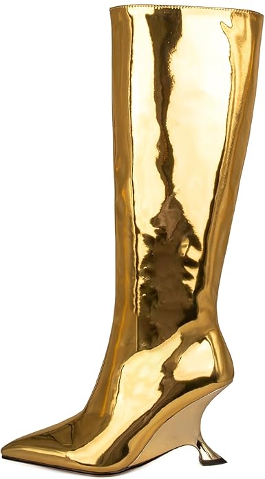 Sexy Metallic Golden Mirror Scoop Wedge Knee Boots