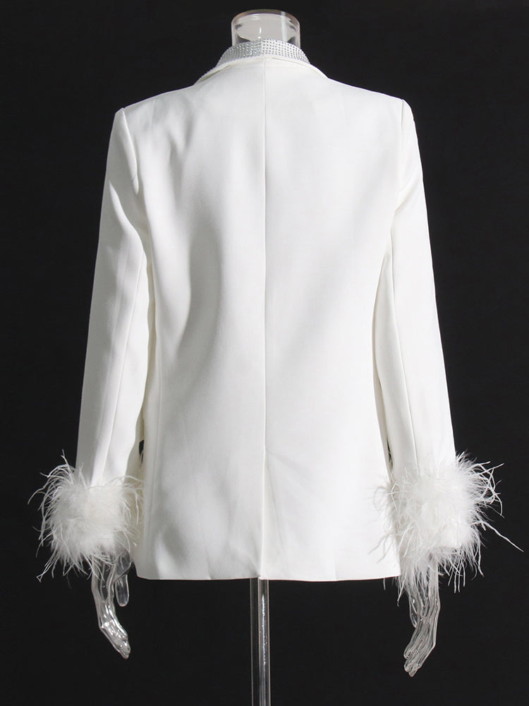Beautiful White Feather Cuff Crystal Bejeweled Blazer Jacket