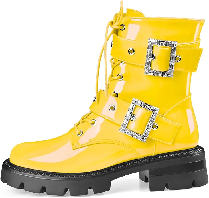 Cool Vibrant Yellow Gold Buckle Detail Round Toe Combat Ankle Boots