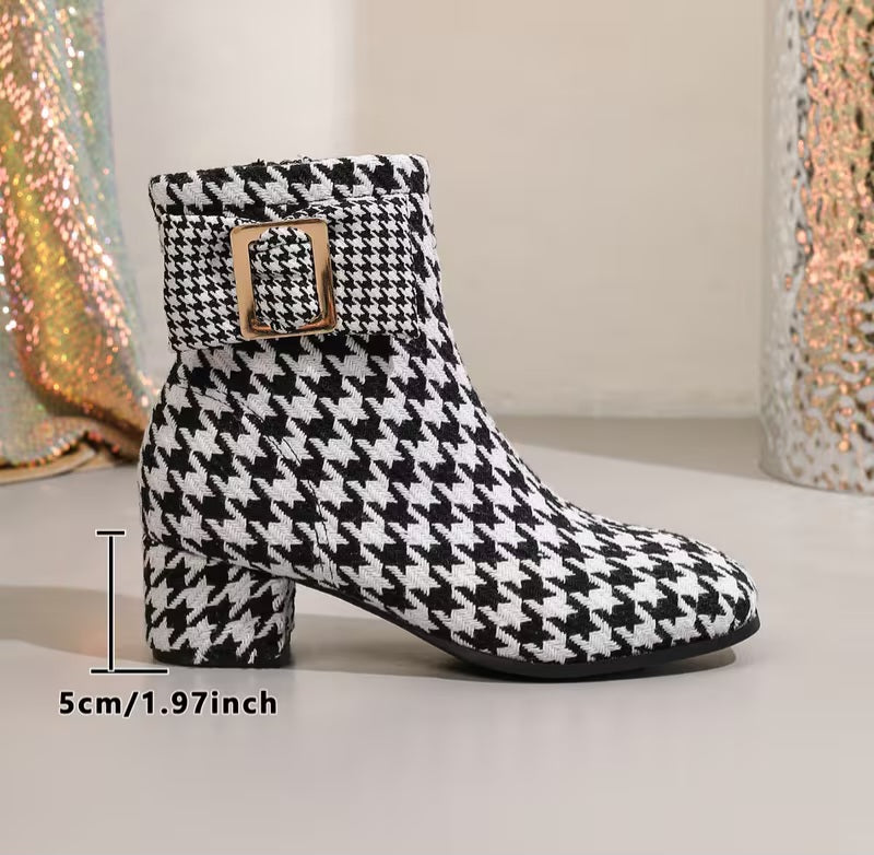 Classic Black & White Houndstooth Buckle Detail Low Block Heel Ankle Booties