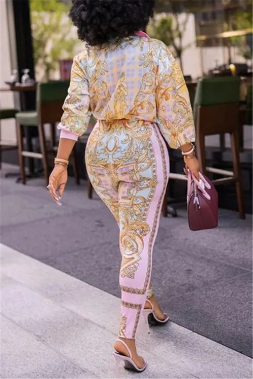 Pink Pastel Multicolor Italian Print 2pc Pants & Top Set