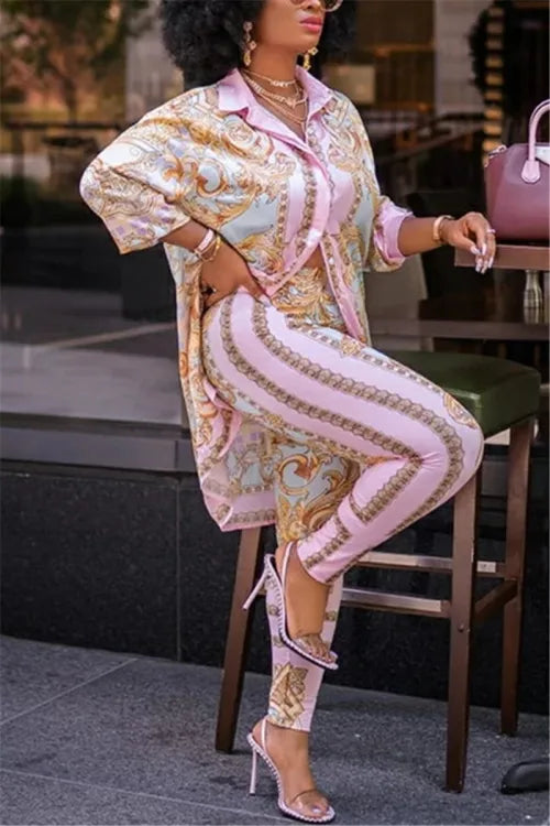 Pink Pastel Multicolor Italian Print 2pc Pants & Top Set