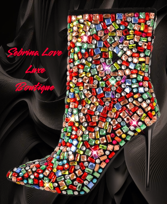 Beautiful Multicolor Mosaic Rhinestone Bejeweled Stiletto Ankle Boots