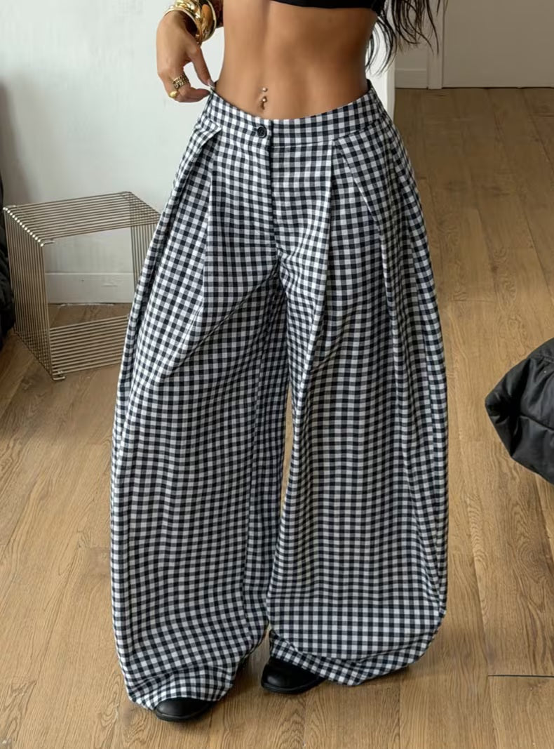 Chic Black & White Houndstooth Print Wide Leg Pants