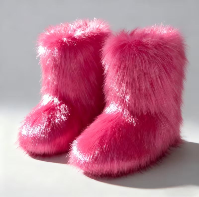 Stylish Candy Pink Faux Fur Outdoor Winter Boots
