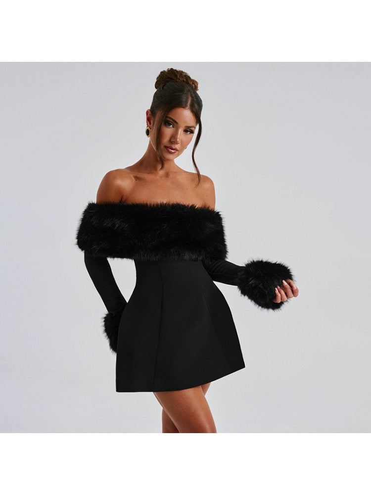 Sexy Black Fur Trim Bardot Off The Shoulder Skater Mini Dress