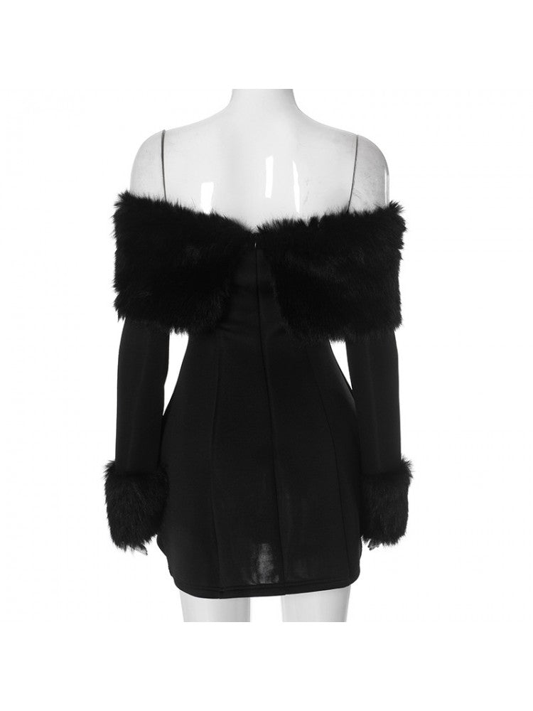 Sexy Black Fur Trim Bardot Off The Shoulder Skater Mini Dress