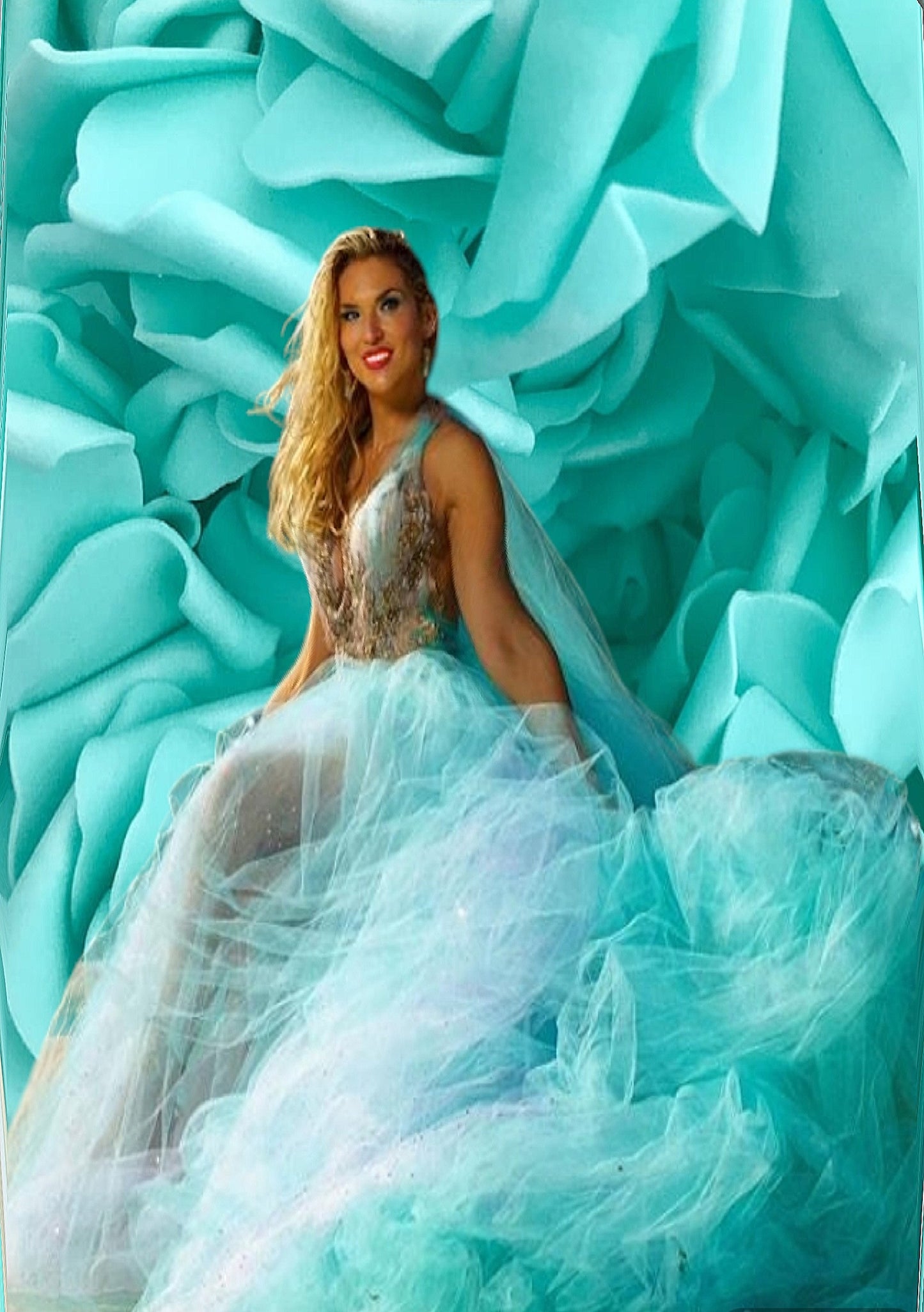 SAMPLE GOWN "DUCHESS VANJA" Ocean Blue Green Crystal Lace & Tulle Wedding Ballgown Set