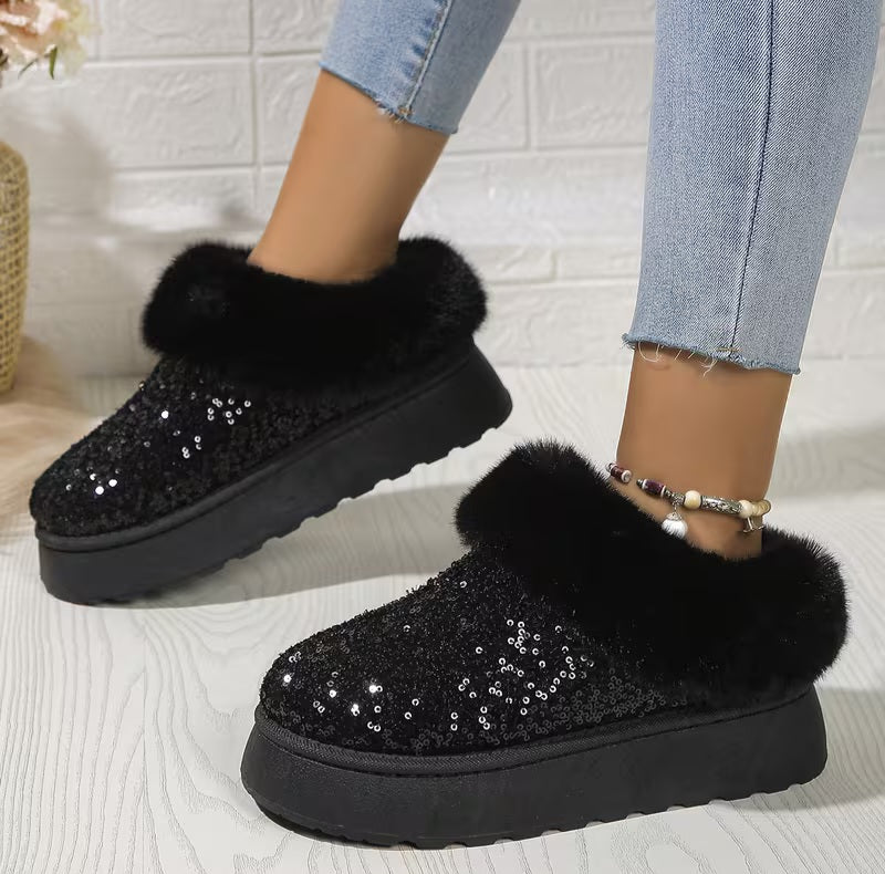 Stylish Black Sequin Faux Fur Trim Slippers