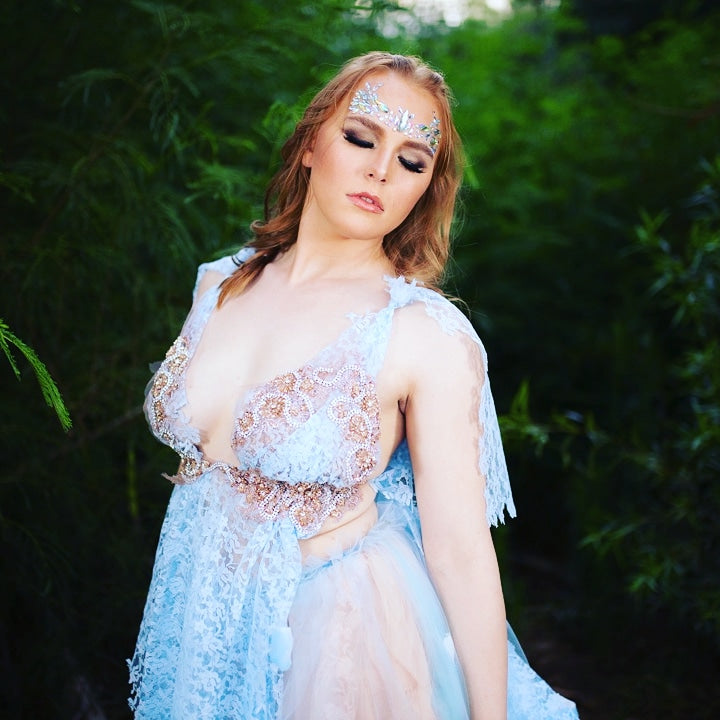 Sample Gown "MAURA" Blue & Blush Lace & Tulle Wedding Ballgown Set