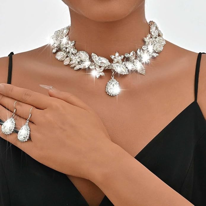 Elegant Crystal Diamante Rhinestone Bejeweled Choker Necklace & Earrings Set