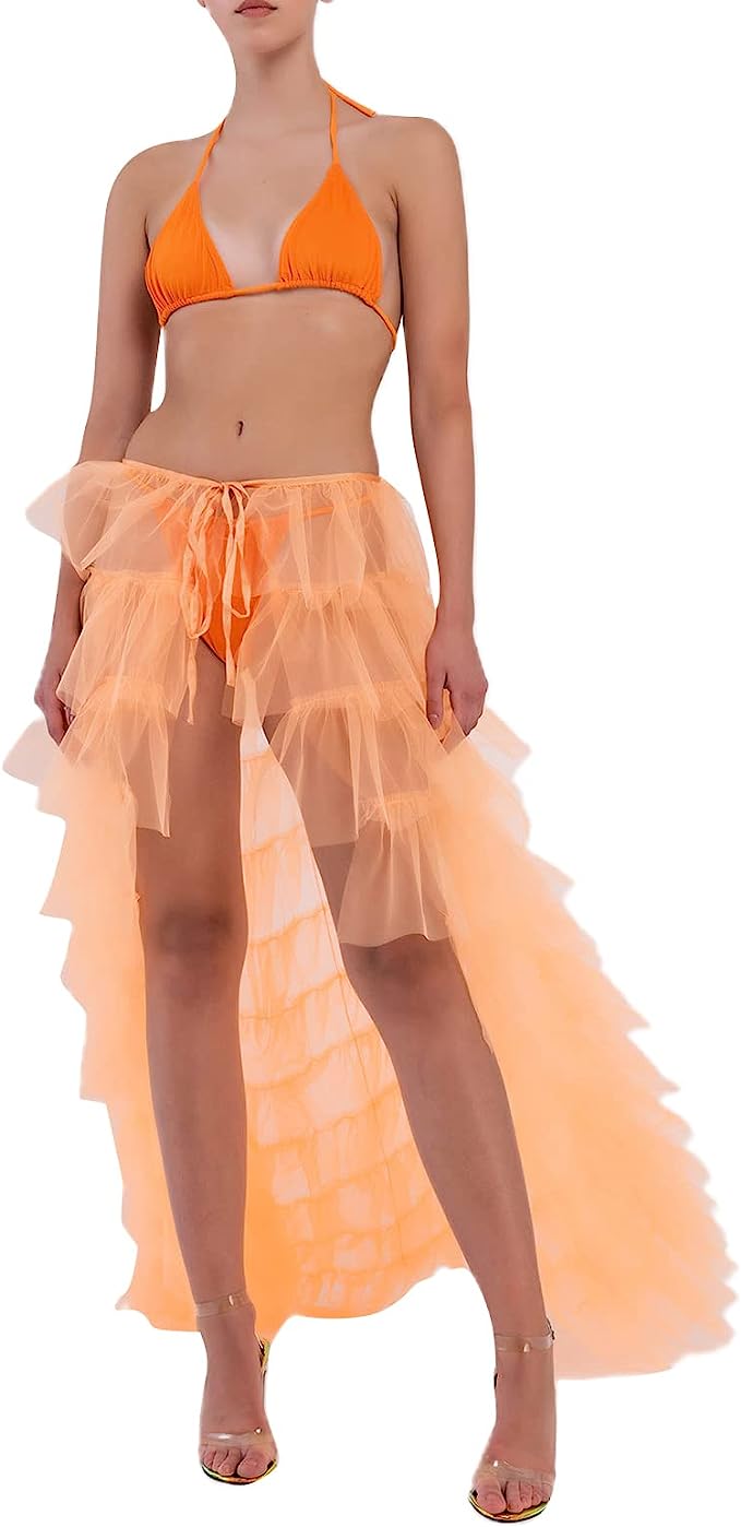 Romantic Ocean Blue Hi Low Ruffled Tulle Maxi Skirt Coverup Dress