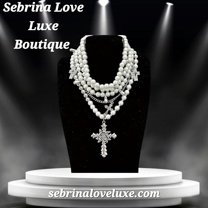 Romantic Medieval Multi-Strand Faux Pearl Rhinestone Cross Necklace