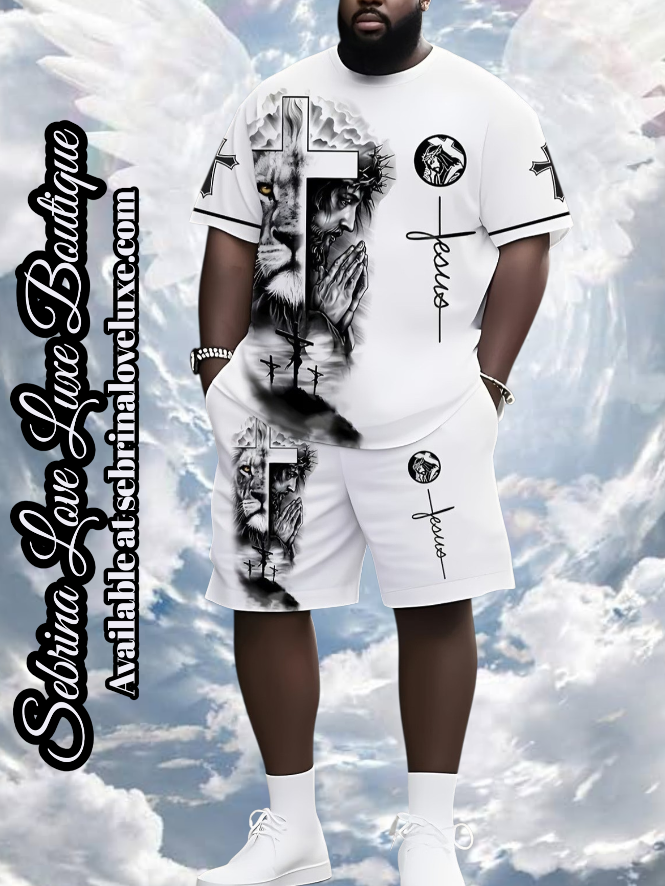 "JESUS" 2pc White & Black Graphic Tee Shirt & Shorts Set