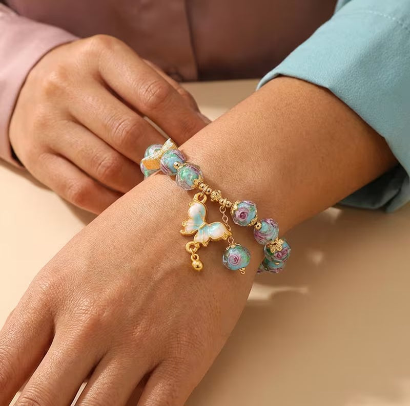 Romantic Victorian Vintage Inspired Pink & Gold Rose Butterfly Bead Rose Bracelet