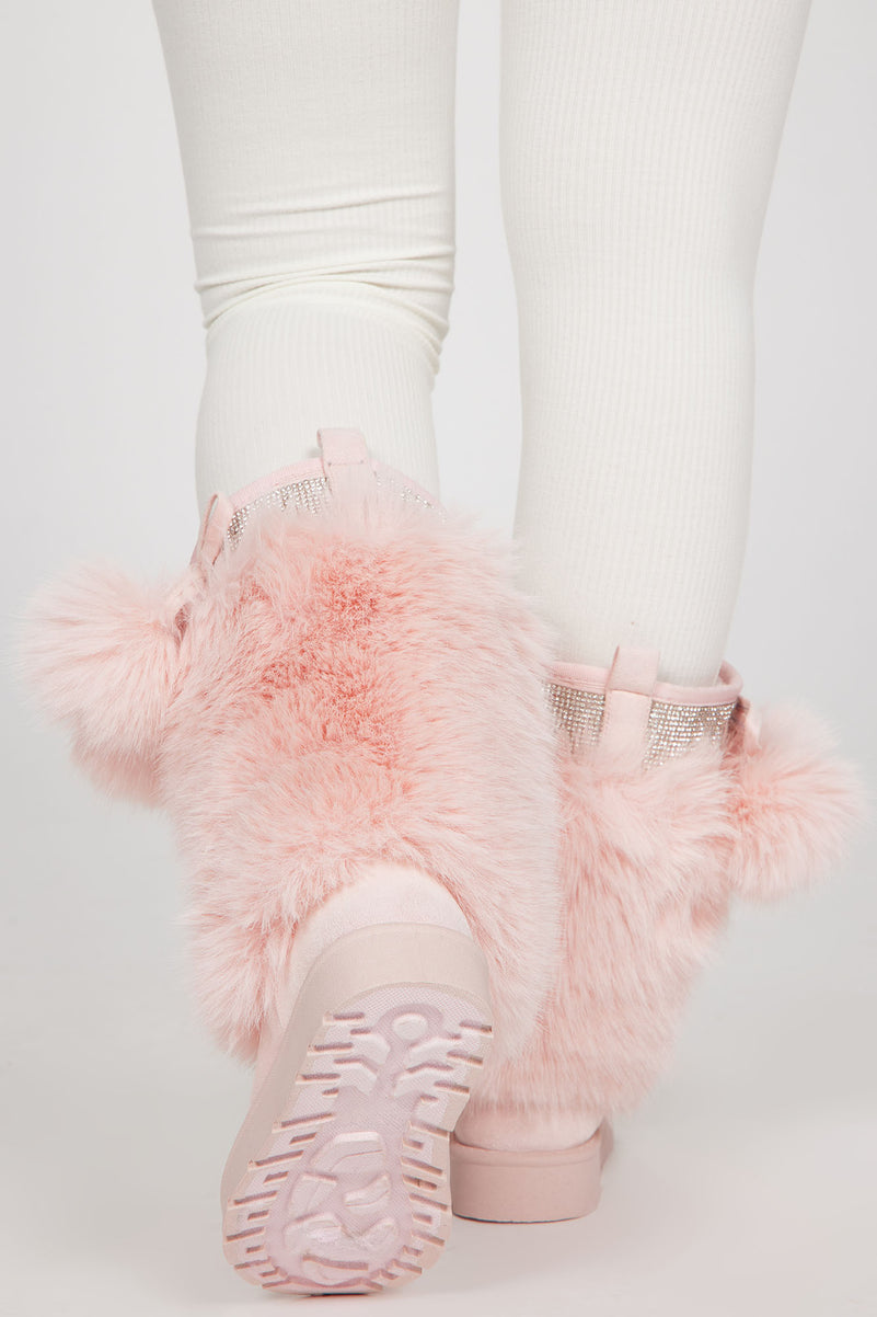 Light Pink Rhinestone Crystal Diamante Faux Fur Boots