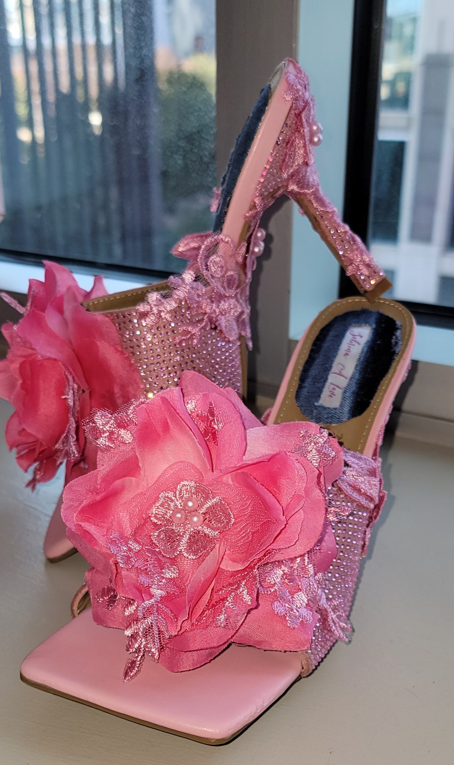 "VANJA" Pink Ice crystal & Rose Lace Mules