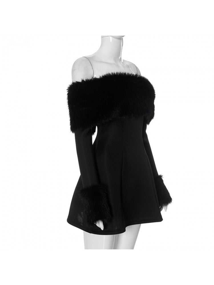 Sexy Black Fur Trim Bardot Off The Shoulder Skater Mini Dress