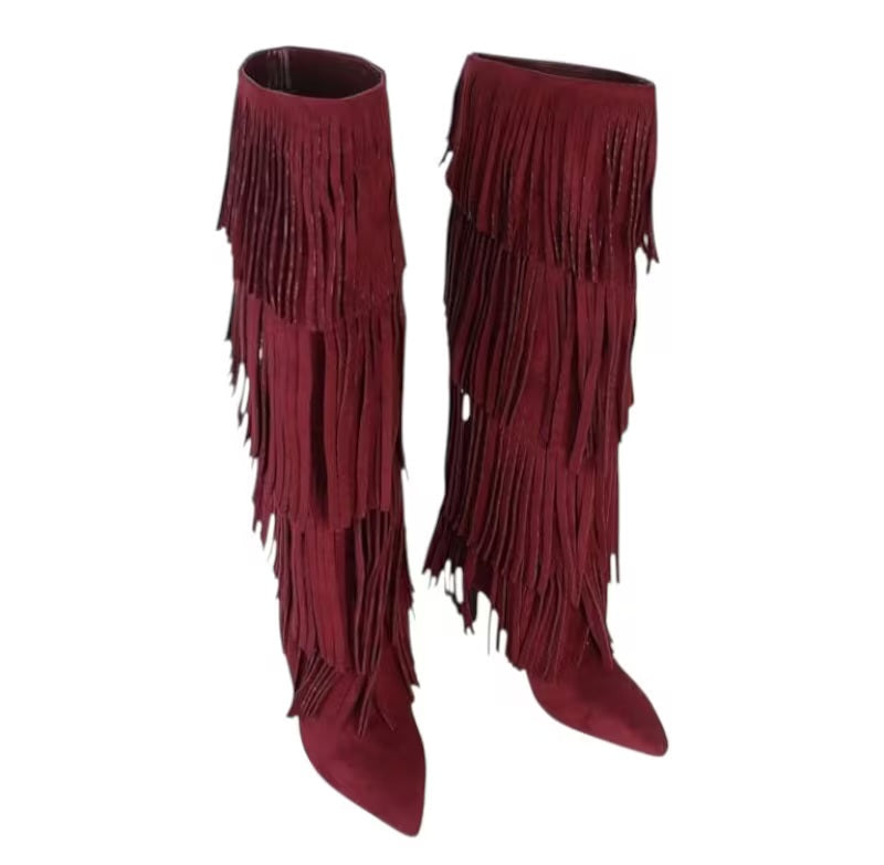 Boho Festival Merlot Fringe Heeled Boots