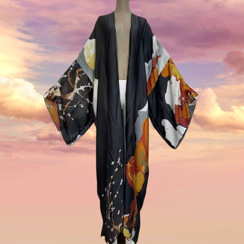 Exotic Black & Gold Multicolor Kimono Robe