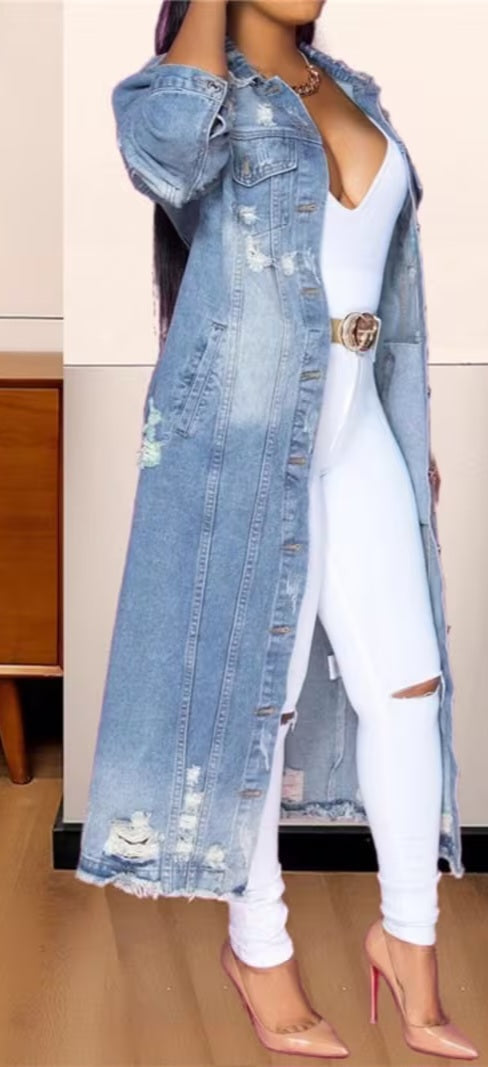 Cool Distressed Blue Denim Maxi Coat Jacket