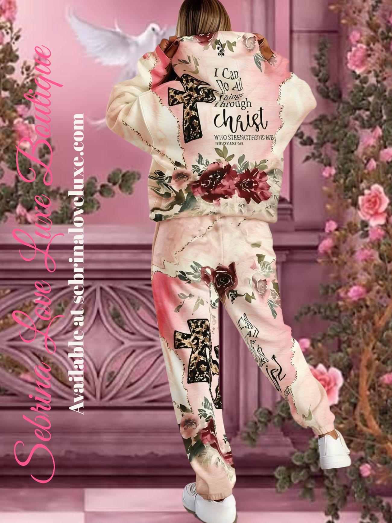 "I CAN DO ALL THINGS THROUGH CHRIST" 2pc Graphic Pink & Ivory Floral Cross Scripture Hoodie & Jogger Set