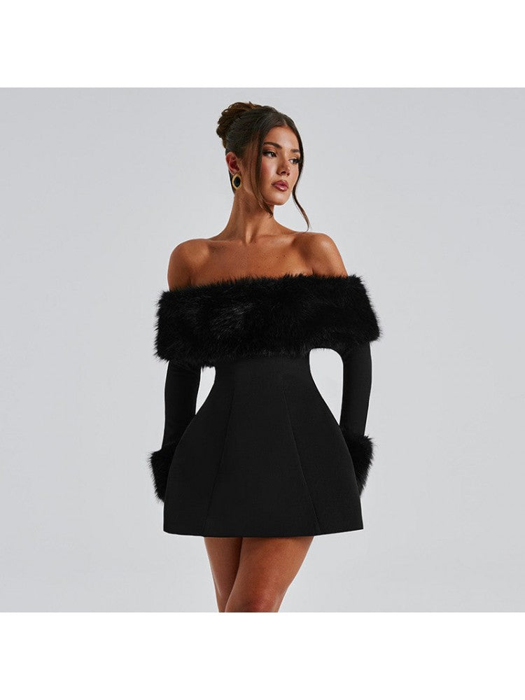 Sexy Black Fur Trim Bardot Off The Shoulder Skater Mini Dress